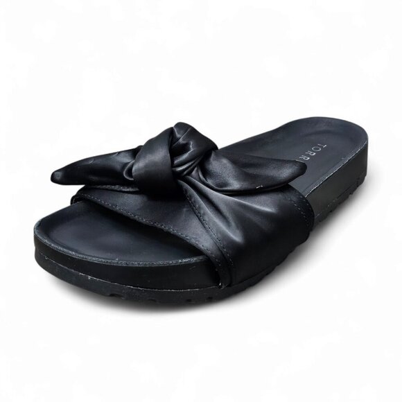 Torrid Black Satin Bow Pool Slides Slip On Flat Sandals - Picture 2 of 9